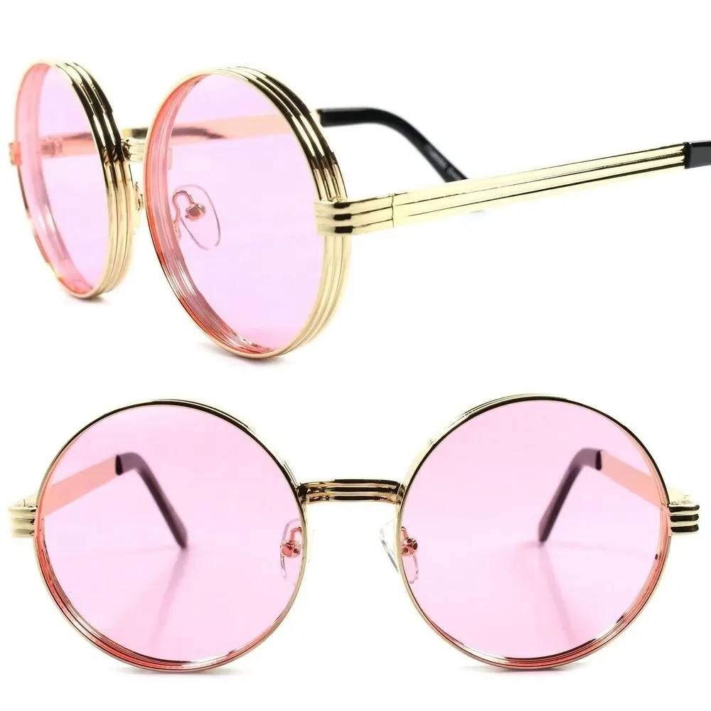 Vintage Retro Style Hip Hop Mens Womens Round Circle Gold Pink Lens Sunglasses